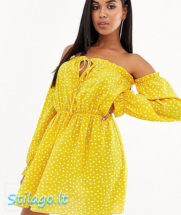 कोको और के बरदोट पीले रंग के स्पॉट-ऑरेंज में ऑफ शोल्डर मिनी ड्रेस में इकट्ठा हुए