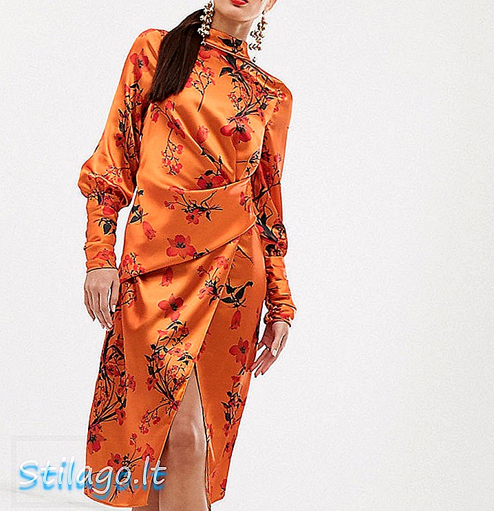 ASOS DESIGN Vysoký Midi šaty s dlhým rukávom v saténe s detailmi zakrytia kvetinovou kvetinovou potlačou-Multi