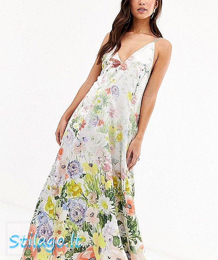 ASOS DESIGN maxi cami saténové trapézové šaty v lučním květinovém potisku-Multi