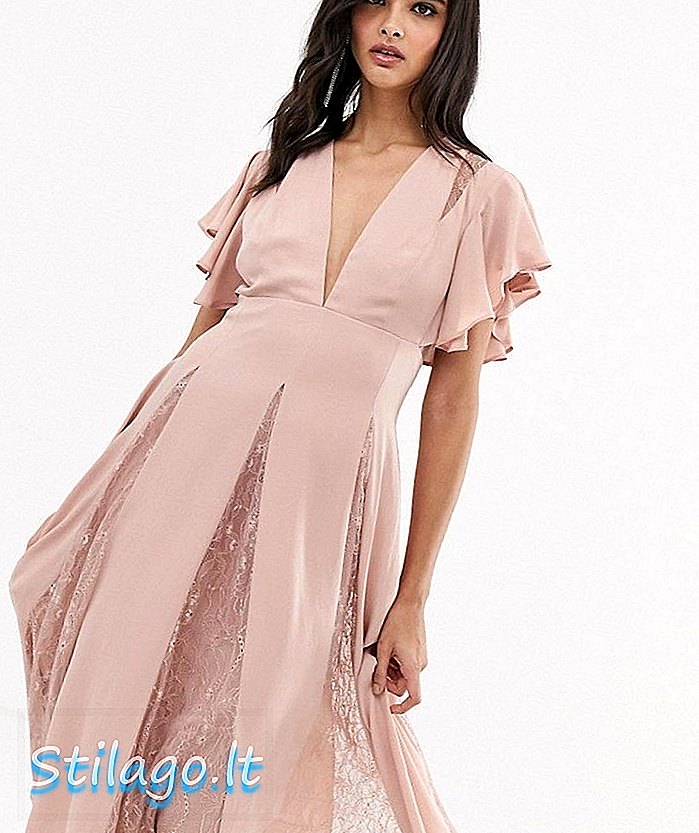 ASOS डिजाइन मिडी पोशाक फीता गोडेट पैनल-गुलाबी के साथ