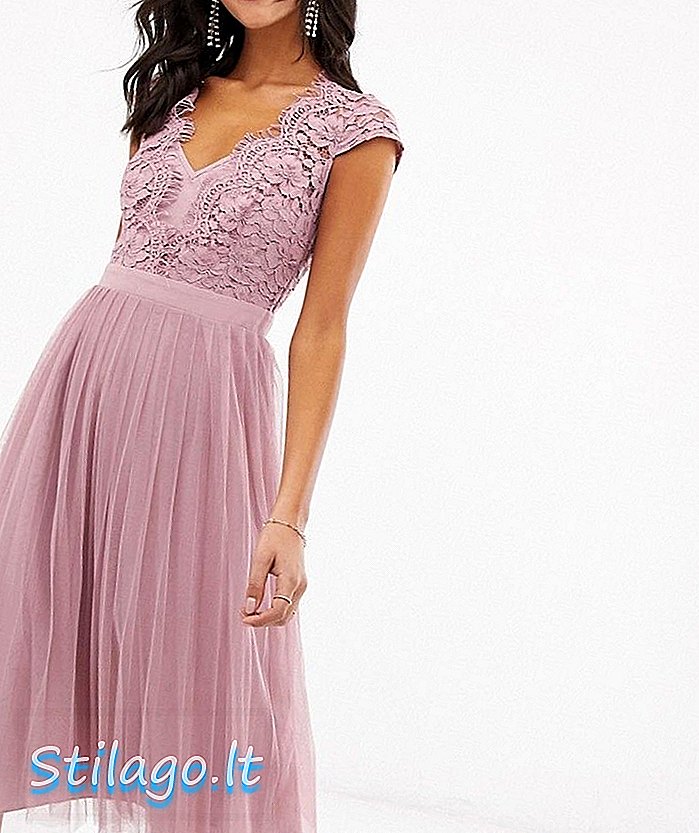 Koronkowa sukienka midi ze wzorem Little Mistress z tiulową spódnicą - Różowa