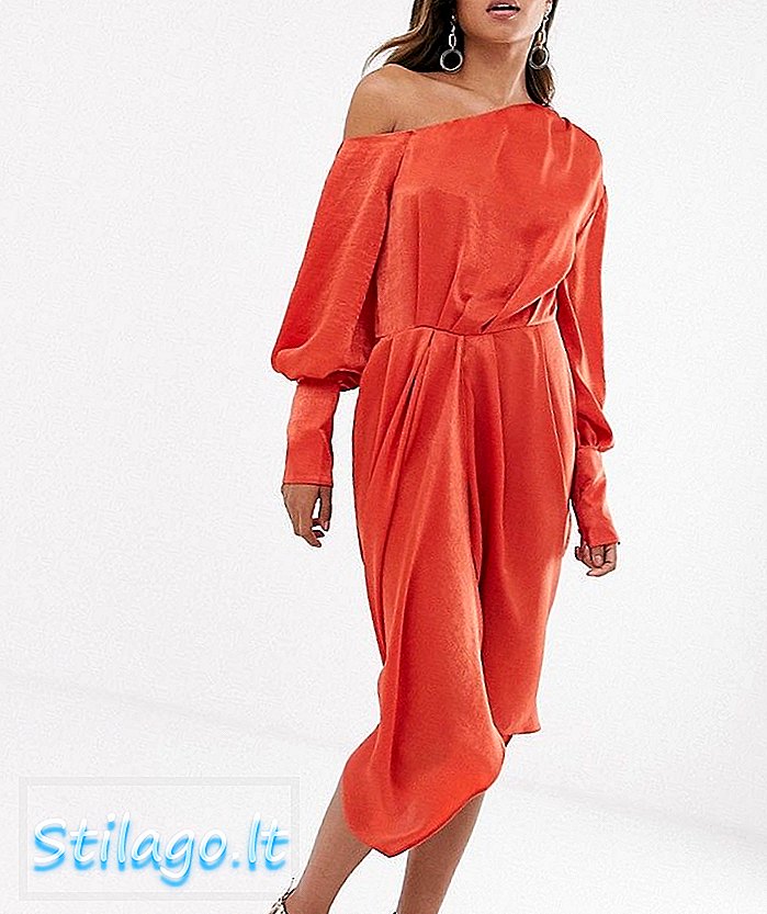 ASOS DESIGN gaun midi blouson bahu dengan satin-Orange yang dicuci