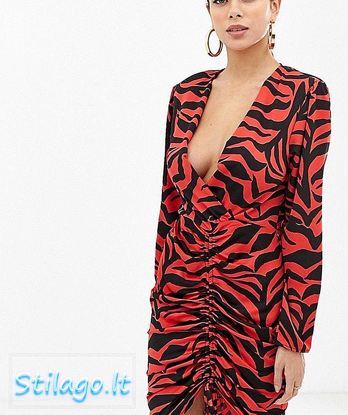 Gaun midi bungkus depan flounce London dengan lengan panjang dengan cetakan zebra merah-Multi