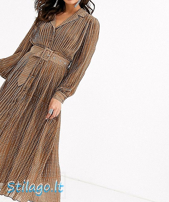 셀프 벨트-블랙 소재의 폴카 도트 플리츠 맥시 드레스