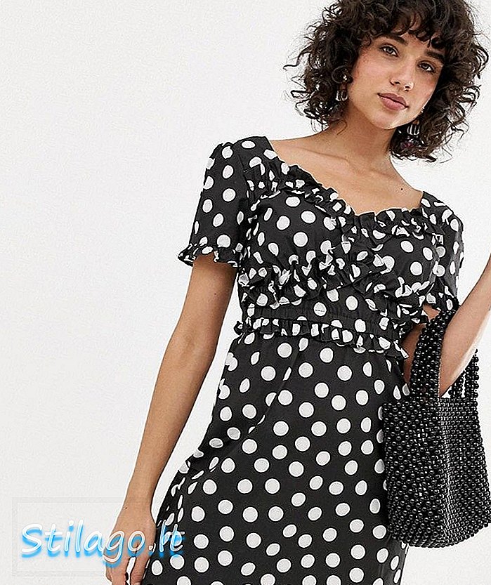 Lost Ink Dress med Frill Detail i Polka Dot-Black