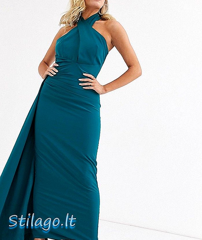 Yaura halterneck maxi-kjole med asymmetrisk tog i blågrøn-blå