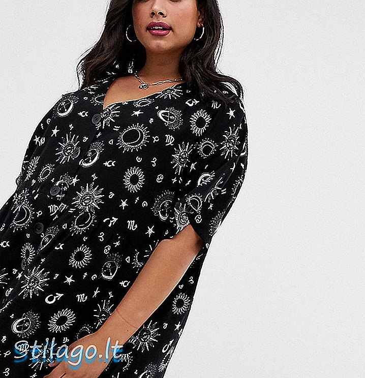 ASOS DESIGN Kurva v neck button melalui baju mini di zodiac print-Multi