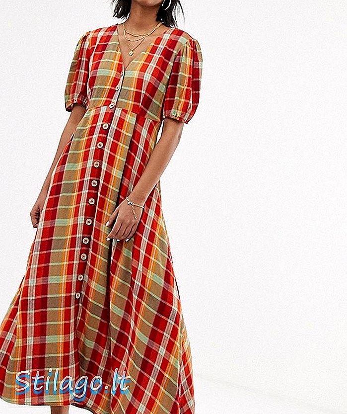 Неон Росе маки чајна хаљина с дугуљастим рукавима у подераним цхецк-Мулти