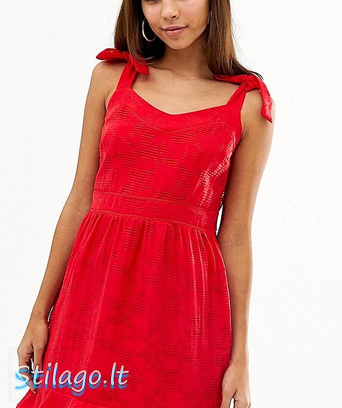 Naf Naf yazlık omuz ve volants fiyonklu elbise-Kırmızı