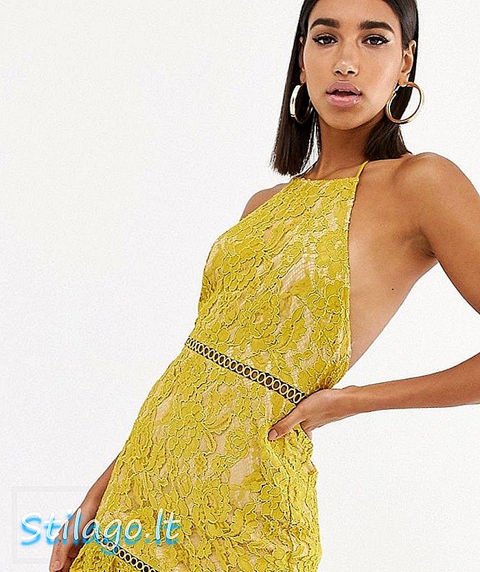 שמלת תחרה בצוואר גבוהה של יוניון האופנה עם צהוב גב נמוך