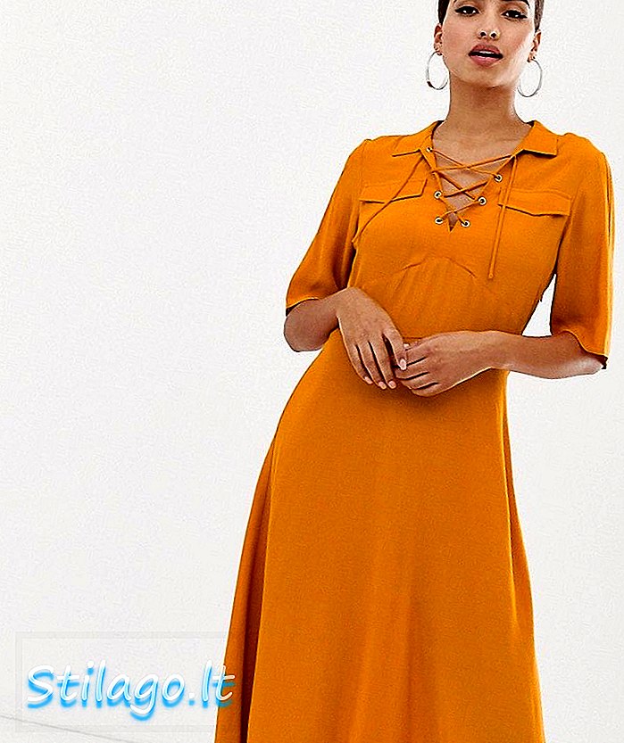 Gaun baju midi ASOS DESIGN dengan renda di depan-Kuning