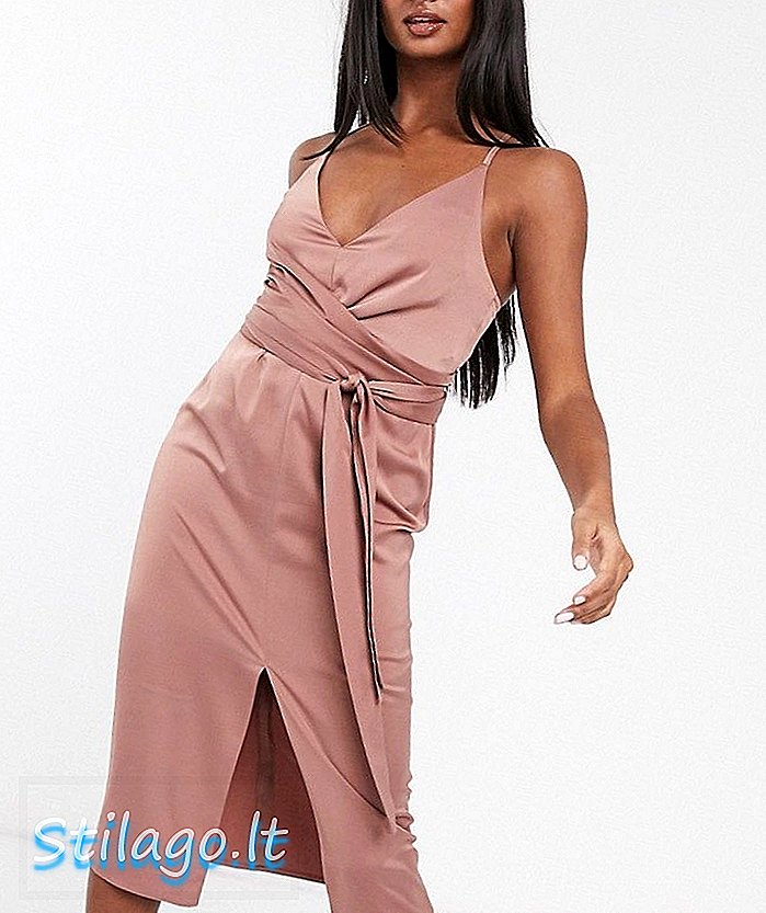 ASOS DESIGN gaun cami midi dengan pinggang bungkus dalam satin-Pink