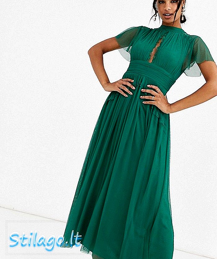 Gaun midi Anaya With Love dalam tulle dengan sisipan renda berwarna hijau zamrud