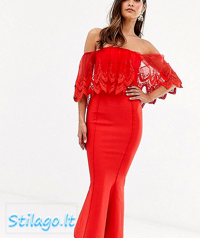 Нав'язкове плаття для бандажа U bardot midi з гачком з мереживними деталями червоного кольору