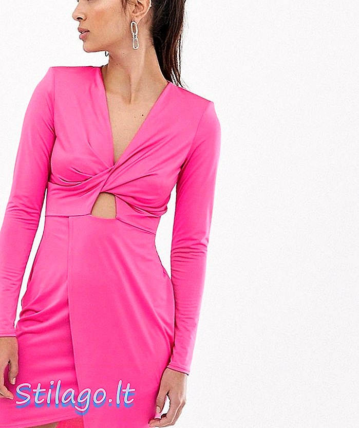 Gaun mini satin depan Flounce London bungkus dalam fuchsia-Pink