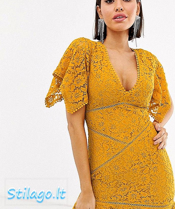 번쩍이는 노란색 사다리 삽입으로 사랑 삼각 플러터 슬리브 미니 레이스 드레스