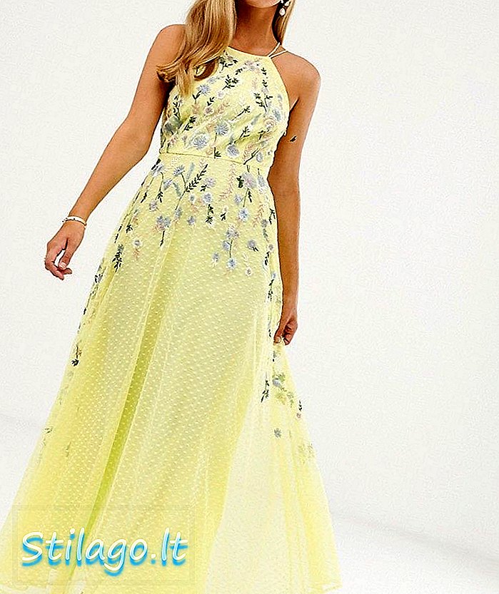 ASOS DESIGN maxi šaty s mašľou živôtikom vo vyšívanej dobby-žltej farbe