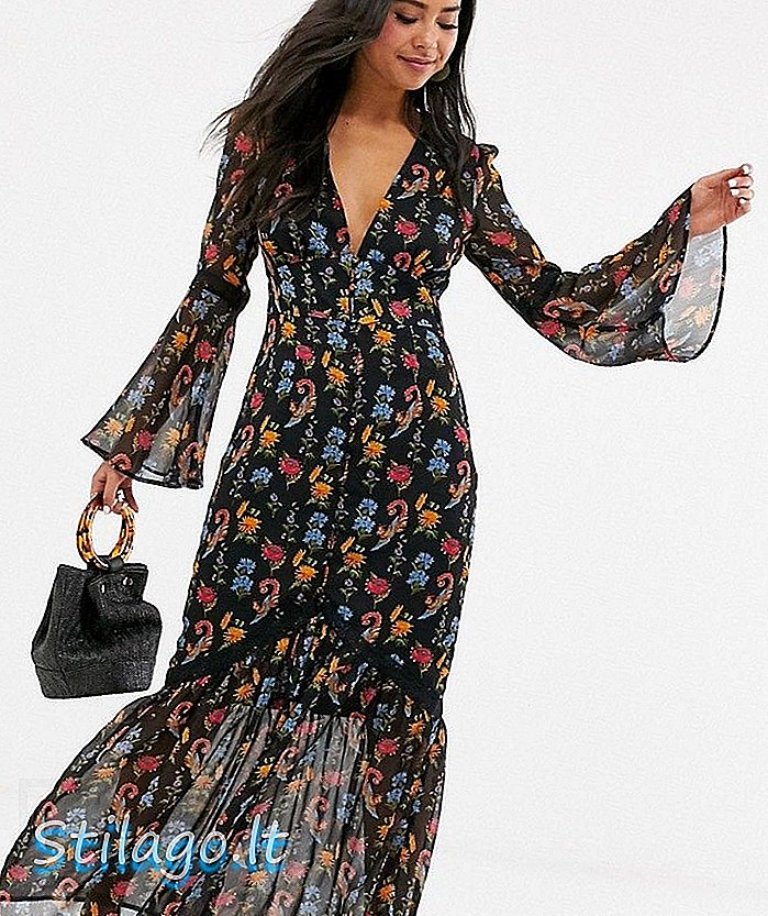 Glamurozna plux prednja maxi haljina u divljini cvjetno-crnoj