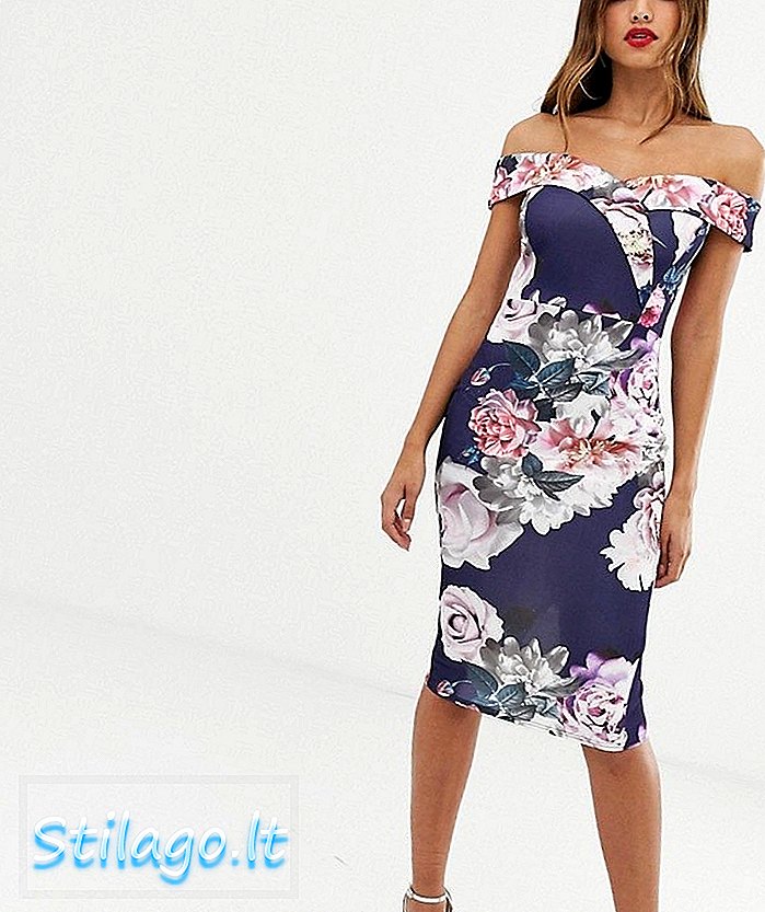 Lipsy bardot midi-kjole i blomsterprint i marineblå