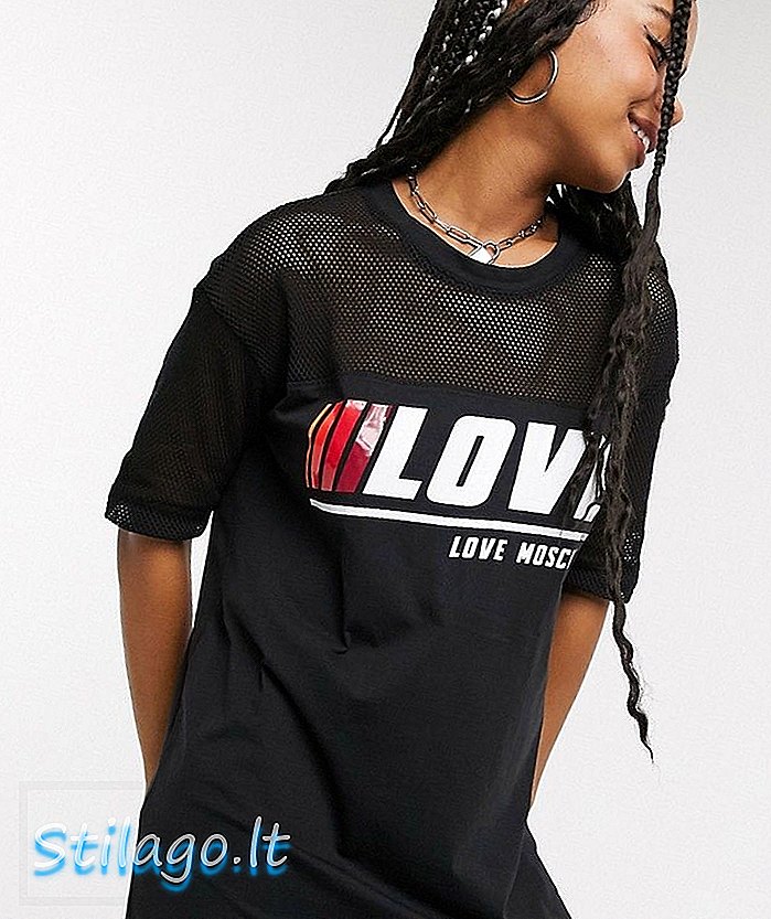 Meilės „Moschino“ greito logotipo tinklinių marškinėlių suknelė - juoda