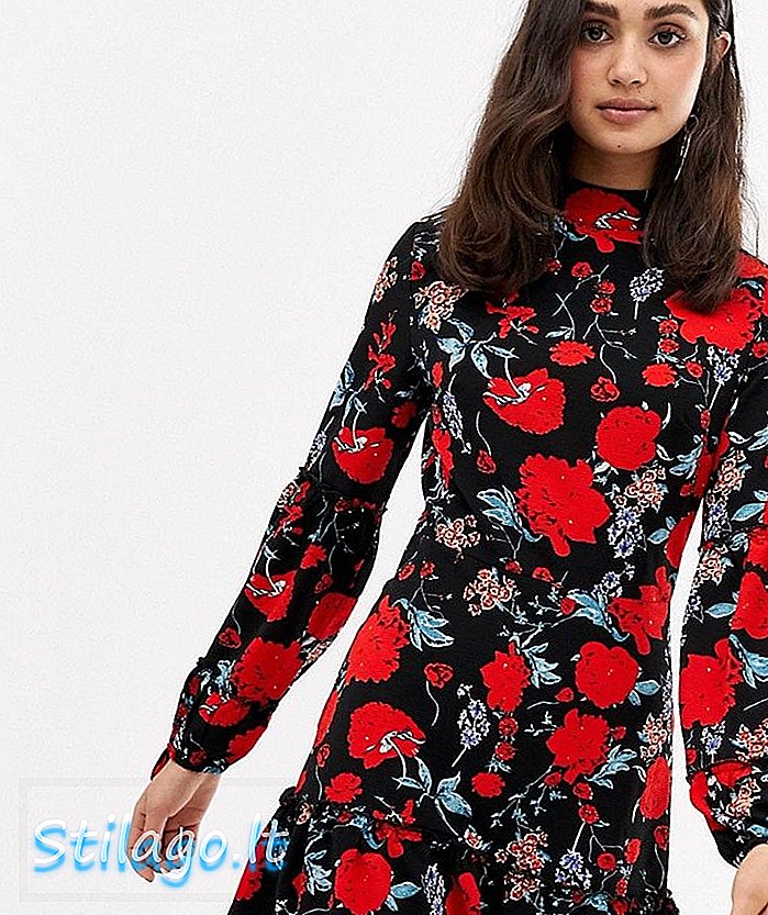 Rochie cu parfum floral cu gât înalt Paris-Negru