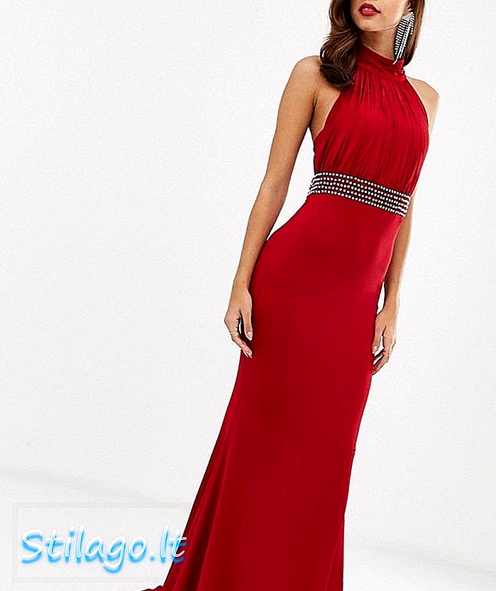 City Goddess slinky maxi-jurk met halternek en versierde tailleband-rood
