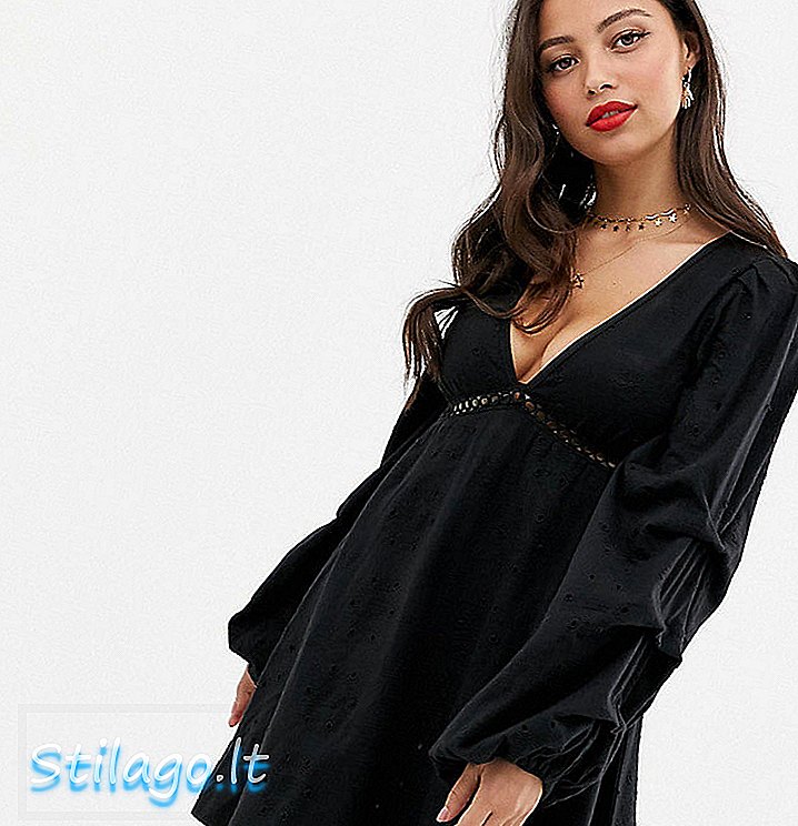ASOS DESIGN שמלת מיני ברודרי פטיט עם שרוול מתיחה - שחור