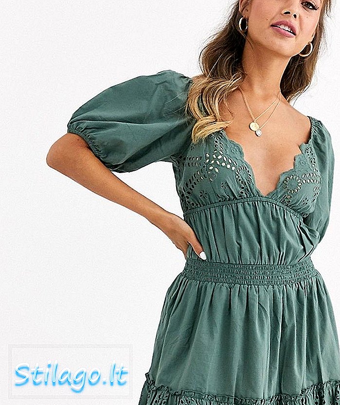 ASOS DESIGN - Mini-jurk met hartvormige broderie en elastische taille - Groen