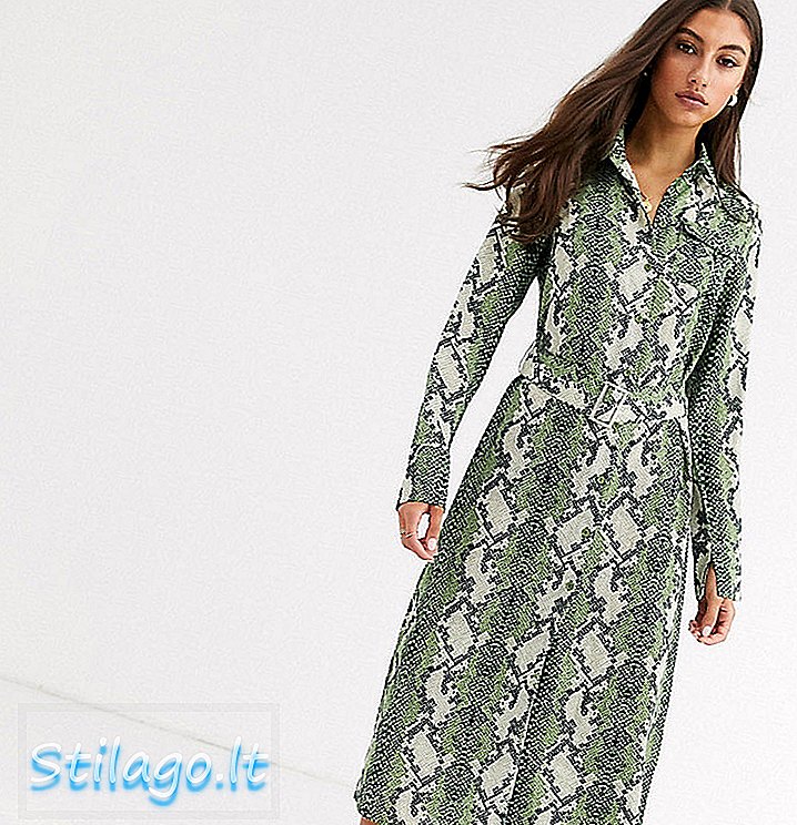 Kalın yılan baskı-yeşil çekici uzun midi gömlek elbise