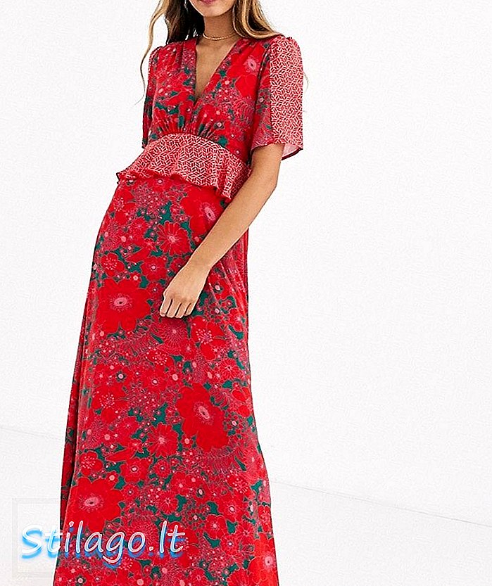 Upletena Wunder živopisna cvjetna maxi haljina kontrastnog obruba i detalja na ramenima-Multi