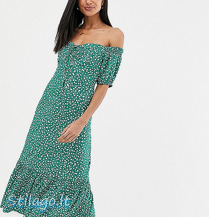 ASOS DESIGN Lang midi-kjole med skulder med pephem i lysende blomsterprint-Grøn