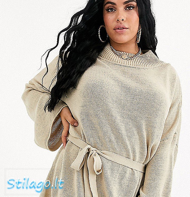 PrettyLittleThing Plus gestricktes Pulloverkleid mit Bindebund aus Stein