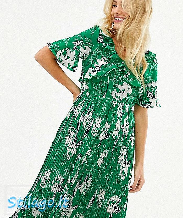 Spritblommig midi-klänning med veckad kjol-grön