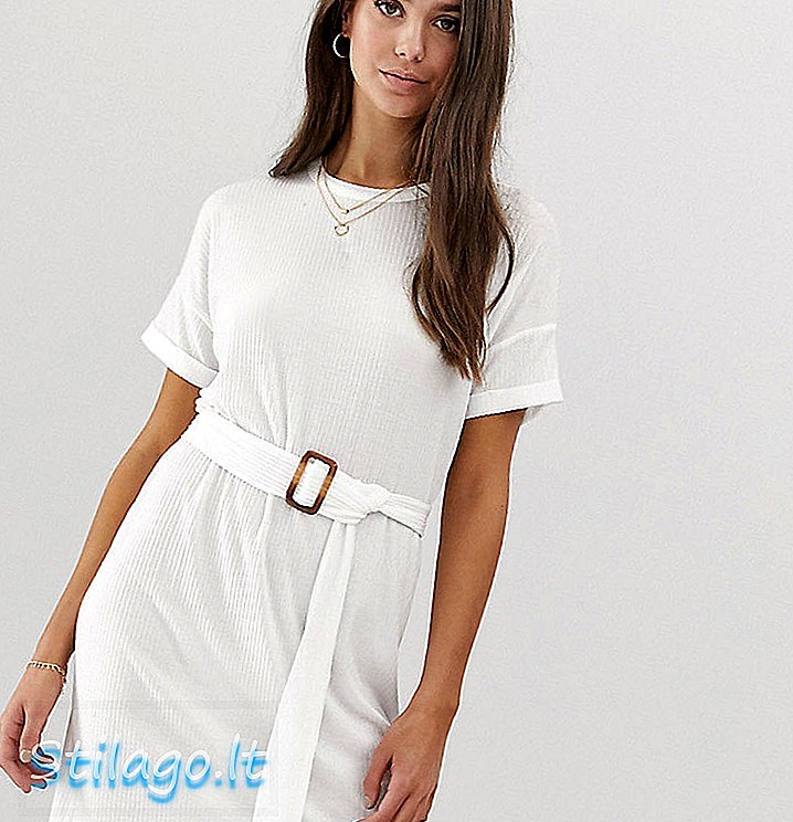 ASOS DESIGN שמלת חולצת טריקו עם שרוול גבוה מגולגלת עם חגורה צבועה בצבע לבן - לבן