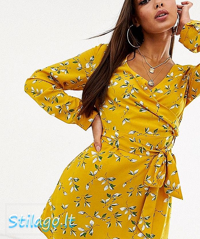 Robe portefeuille PrettyLittleThing avec taille à nouer en jaune fleuri-Multi