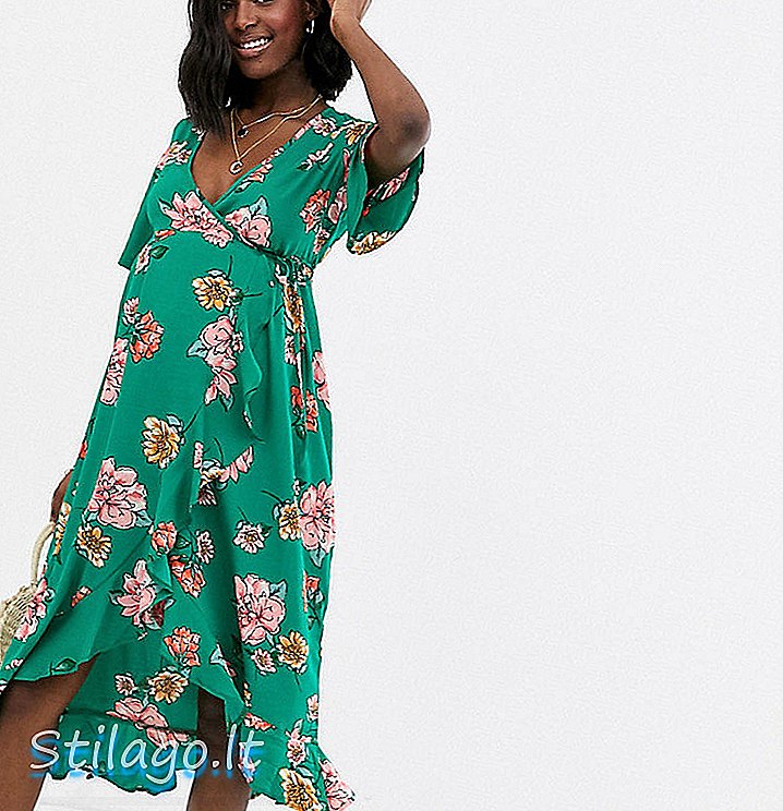 השפעת שמלת גלישת midi לעטוף עם סלסולים בהדפס פרחוני-ירוק