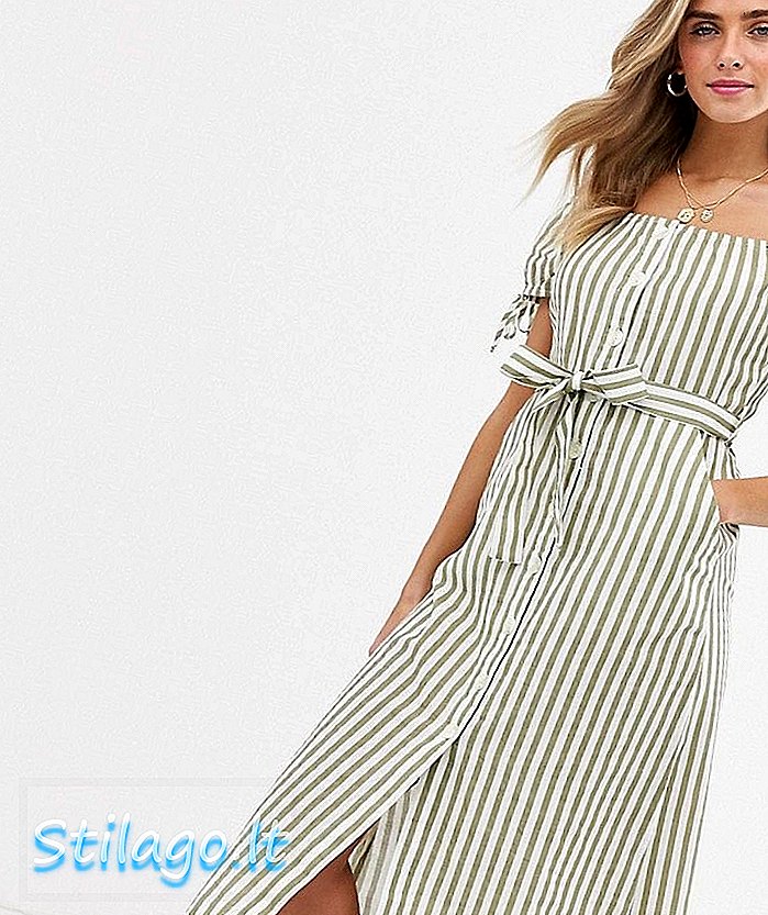 Miss Selfridge - Vestito midi con spalle scoperte e bottoni con dettaglio in strisce verdi - Multi