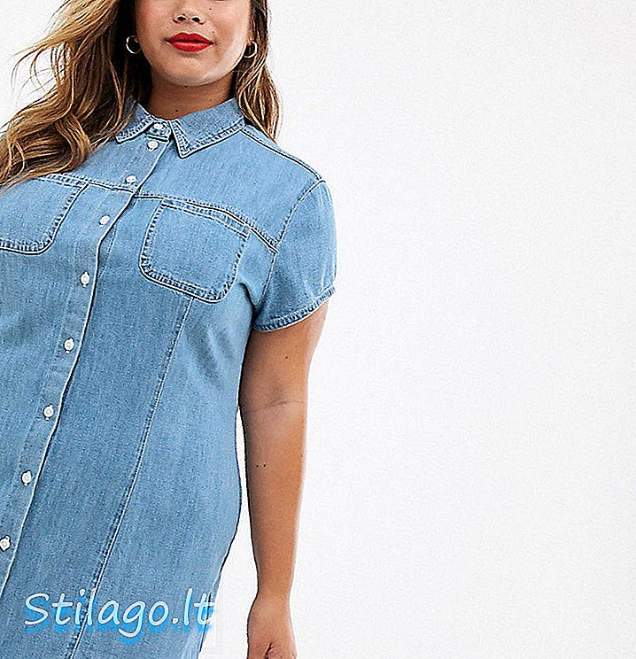ASOS डिजाइन कर्व सॉफ्ट डेनिम शॉर्ट स्लीव शर्ट ड्रेस मिडवॉश ब्लू
