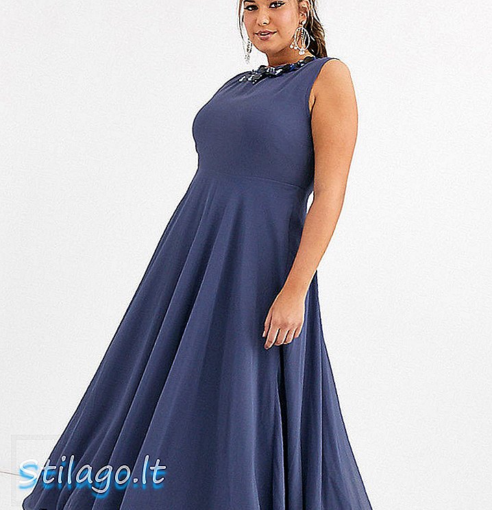 ASOS DESIGN Καμπύλη maxi φόρεμα με τρισδιάστατη διακοσμητική λουλουδάτη γραμμή-Μπλε