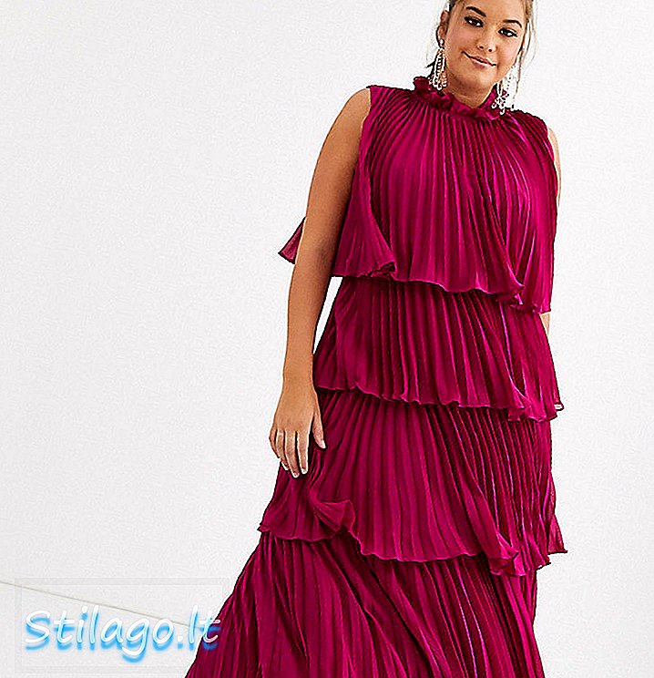 Virkelig højhøj-lagdelt maxi-kjole med plovet detaljer i hindbær-lyserød
