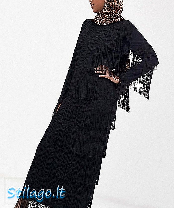 ASOS DESIGN - Lange jurk met lange mouwen, franje, zwart