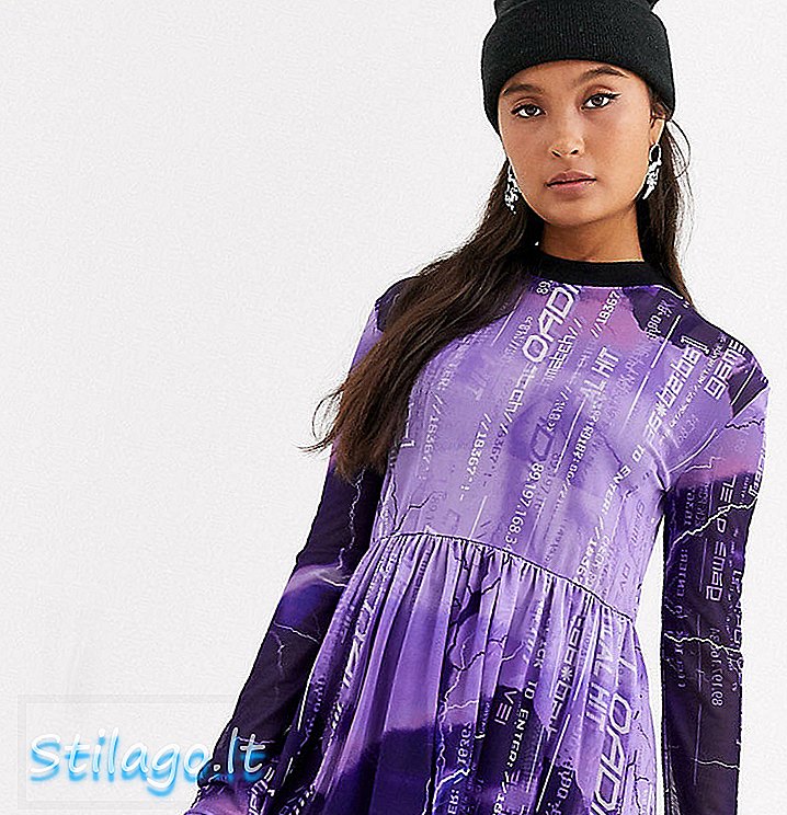 COLLUSION lightning print mesh smock mini dress dengan lengan panjang-Multi