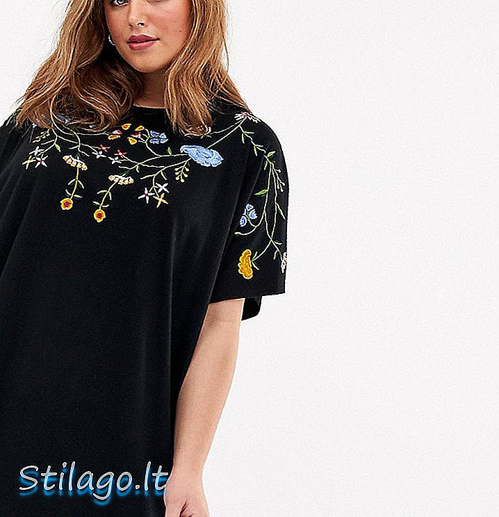 ASOS DESIGN Curva bordado camiseta oversized vestido-Preto