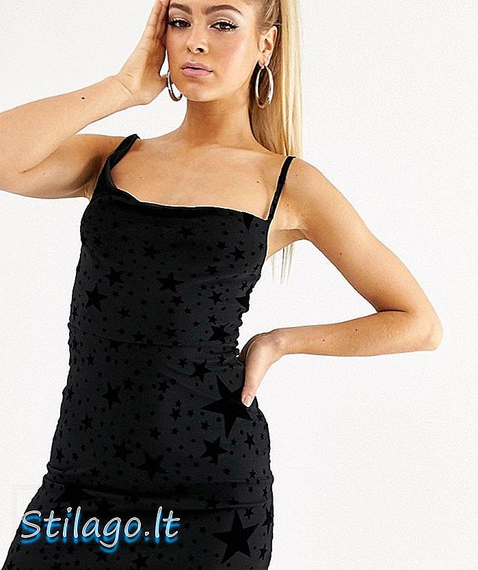 PrettyLittleThing aszimmetrikus mini ruha, fekete pelyhesített csillagmintával