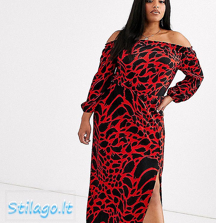 ASOS DESIGN Kurva leopard print bardot plisse midi dress-Multi