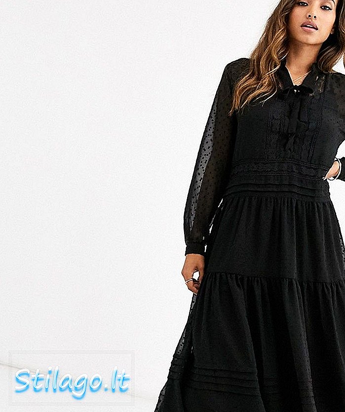 Dress midi Y.A.S dobby dengan perincian renda-Hitam