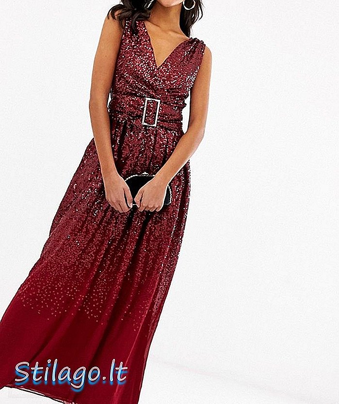 A városi istennő flitterrel díszített övös maxi ruha-piros