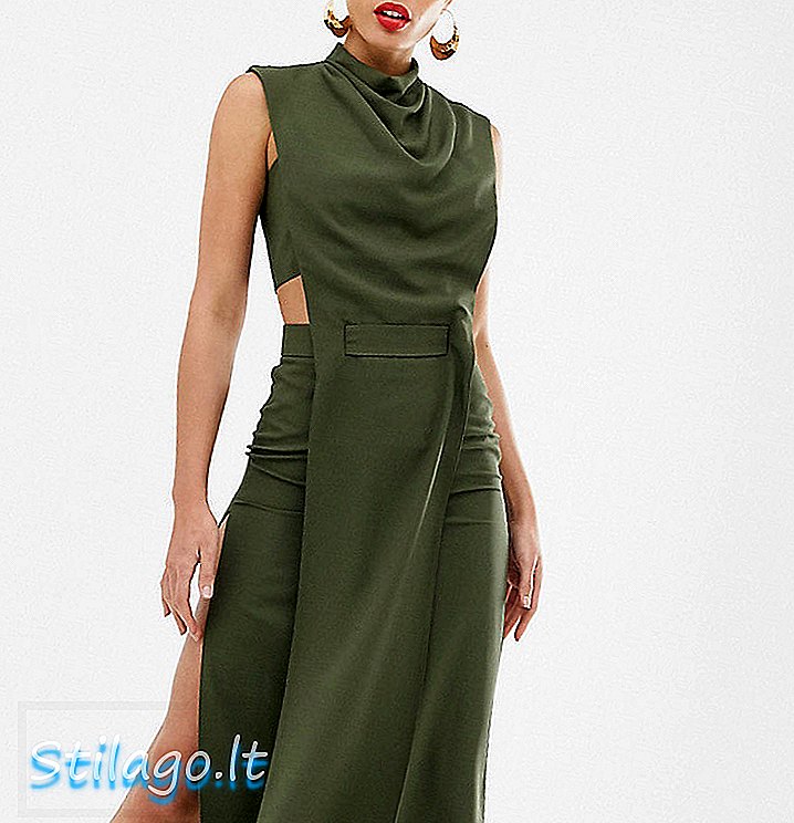 ASOS DESIGN Висока минималистична рокля от midi в креп с детайл на таба-зелен