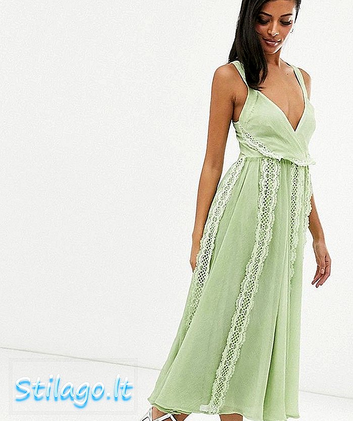 ASOS DESIGN meka midi haljina s umetkom od čipke u opranom šifon-zelenoj boji