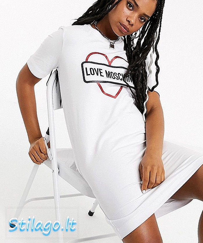 Aşk Moschino çekirdek kalp logosu t-shirt elbise-Beyaz